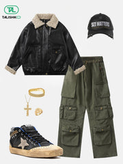 Plush Collar Faux Leather Jacket