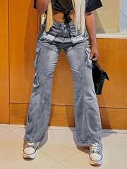 Pocket Patchwork High Rise Straight Leg Jeans