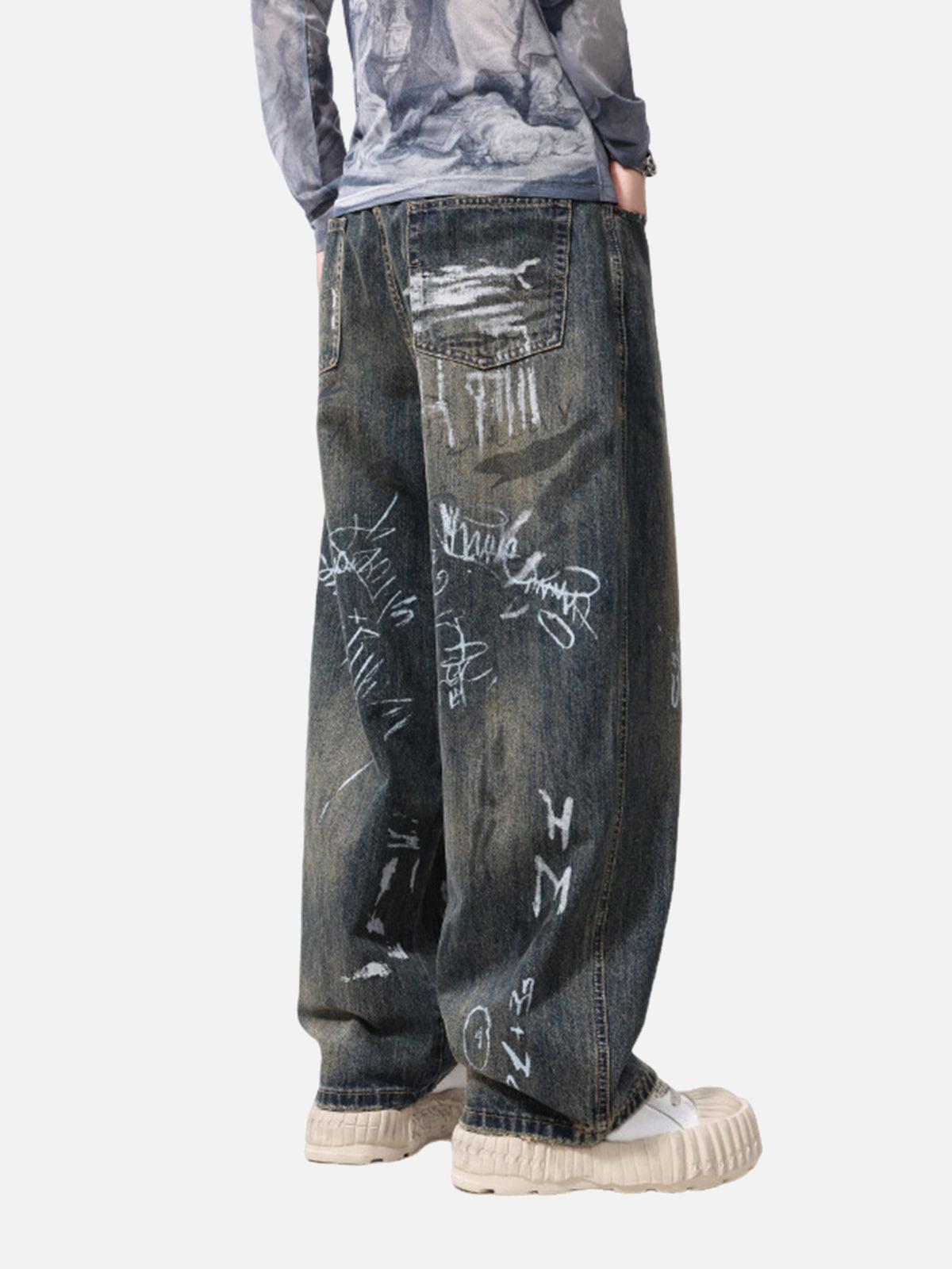Print Hand-Painted Graffiti Drawstring Baggy Jeans