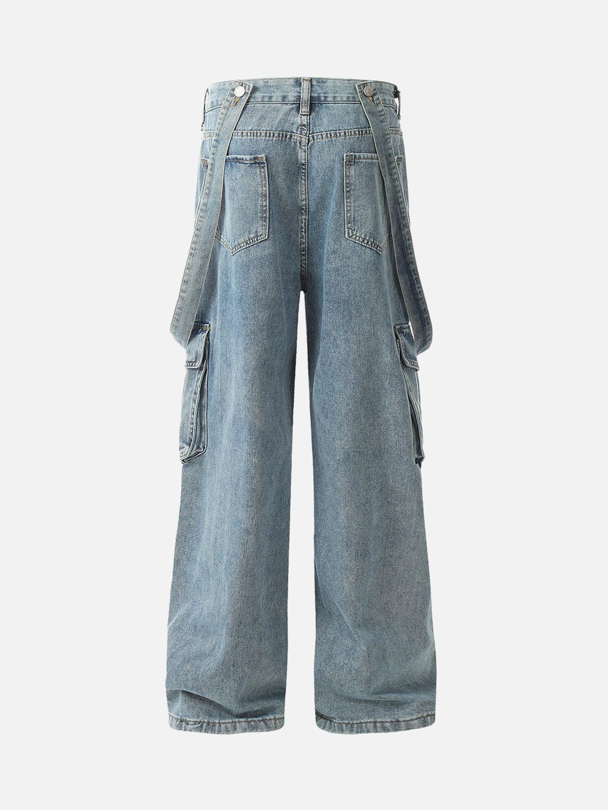 Retro Detachable Strap Multi-Pocket Jeans