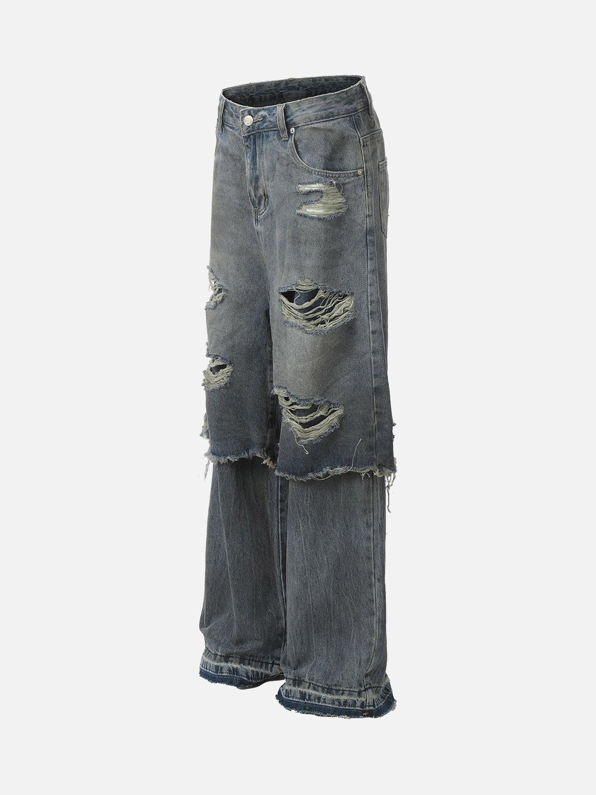 Retro Distressed Faux Two-Piece Ripped Jeans