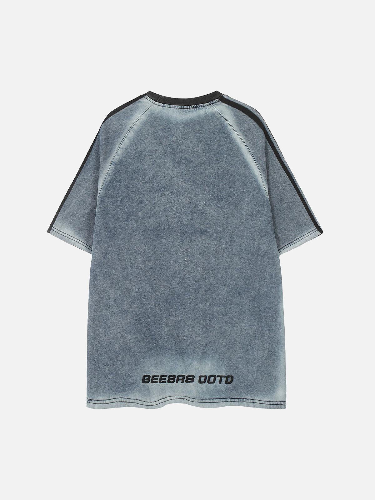 Retro Letter Embroidery Contrast Denim T-Shirt