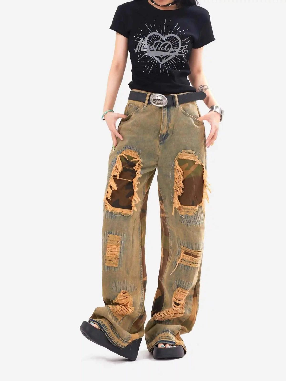 Retro Patchwork Camouflage Flared Jeans