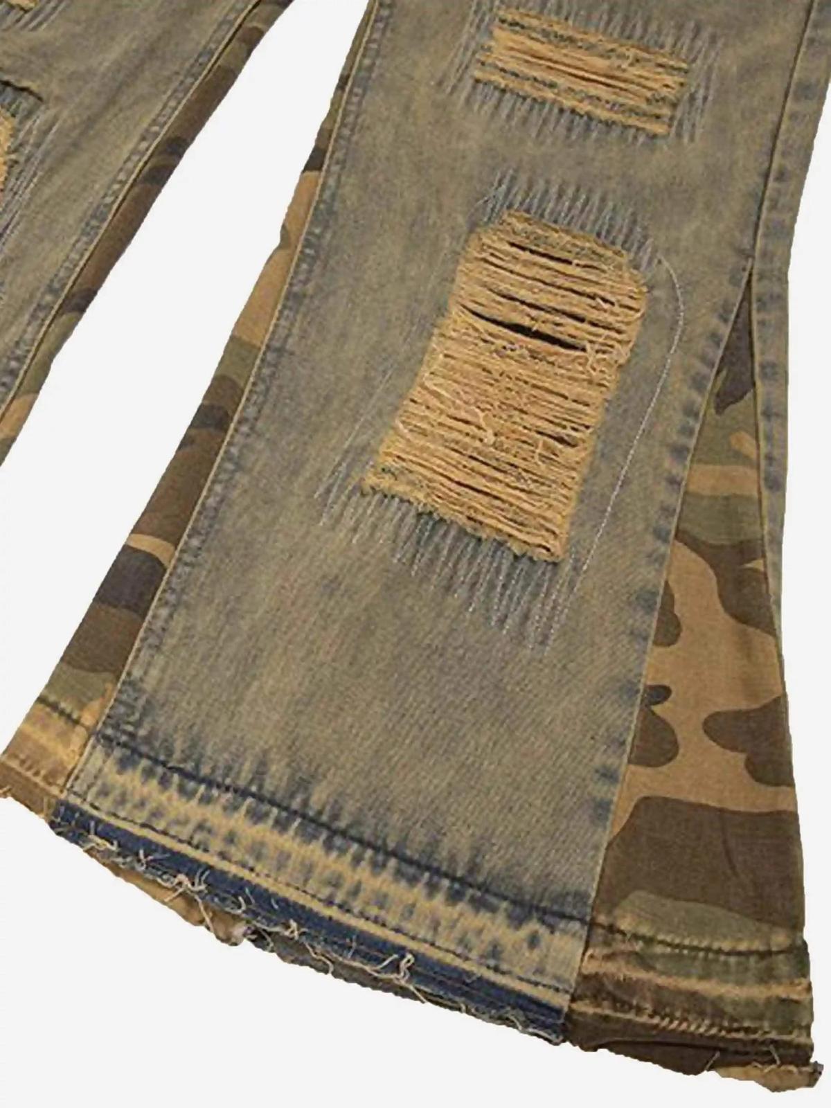 Retro Patchwork Camouflage Flared Jeans