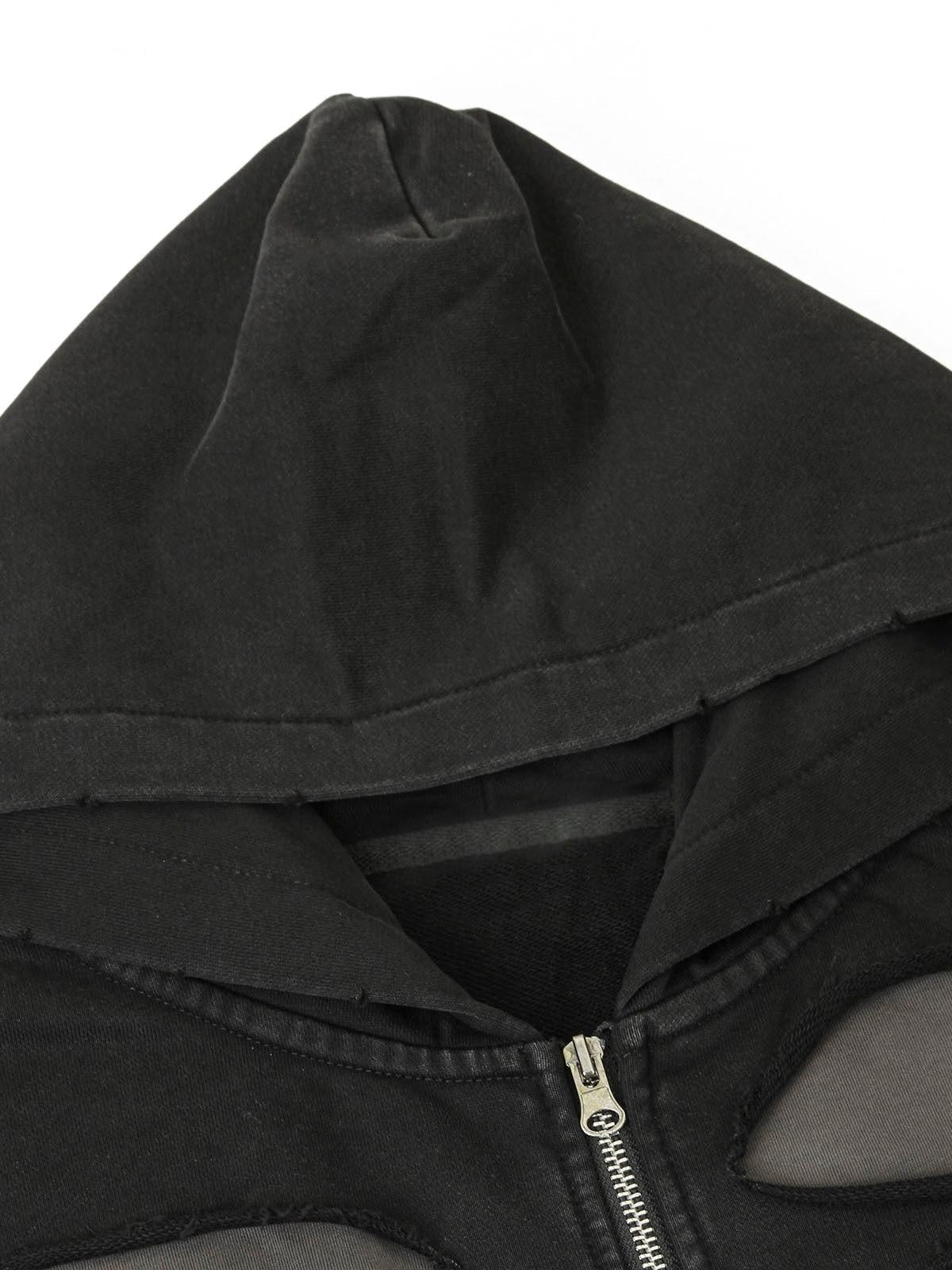 Ripped Drawstring Zip-Up Jacket