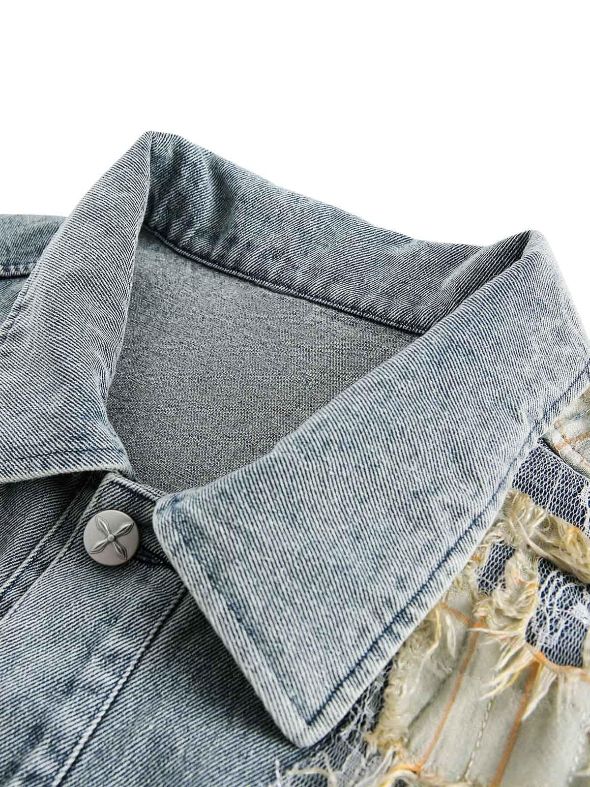 Ripped Lace Panel Denim Jacket