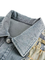 Ripped Lace Panel Denim Jacket