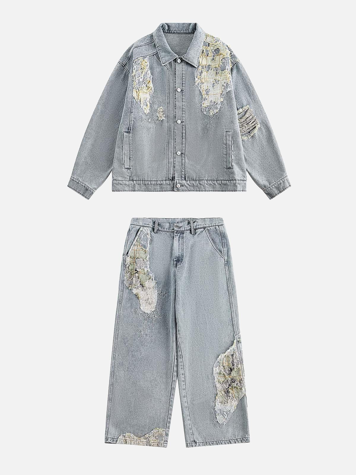 Ripped Lace Panel Denim Jacket