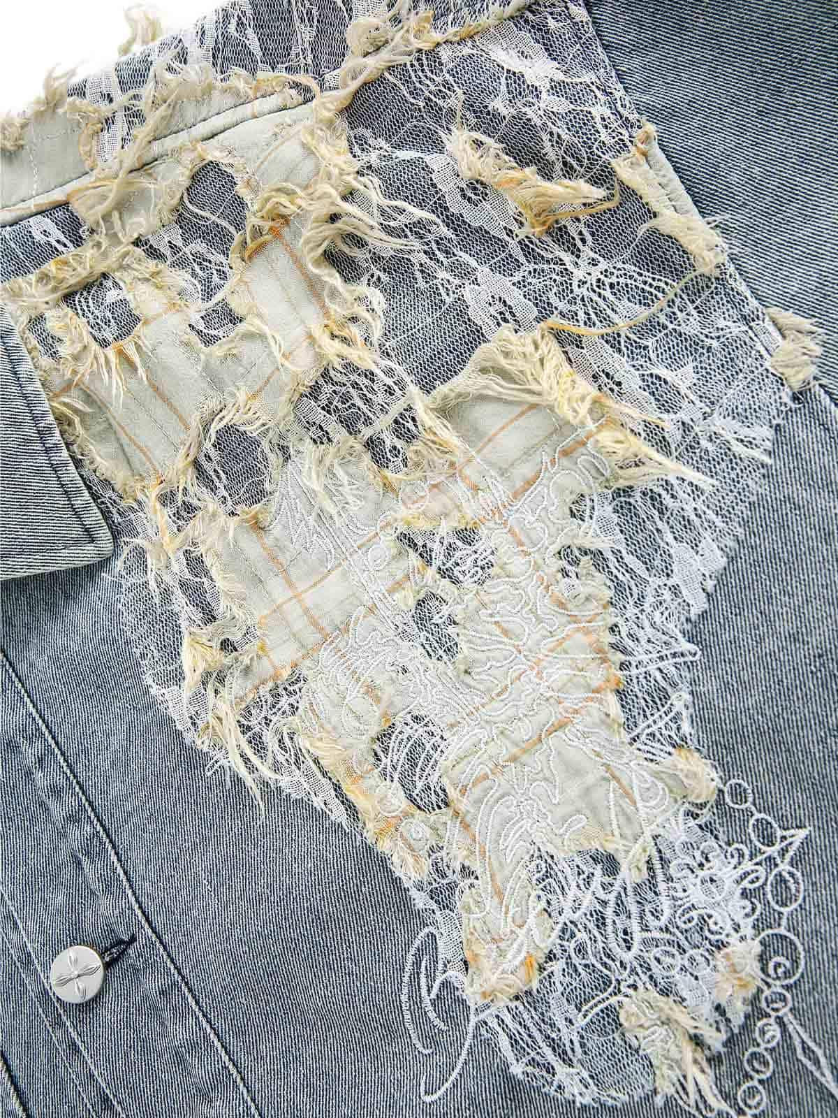 Ripped Lace Panel Denim Jacket