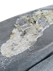 Ripped Lace Panel Denim Pants