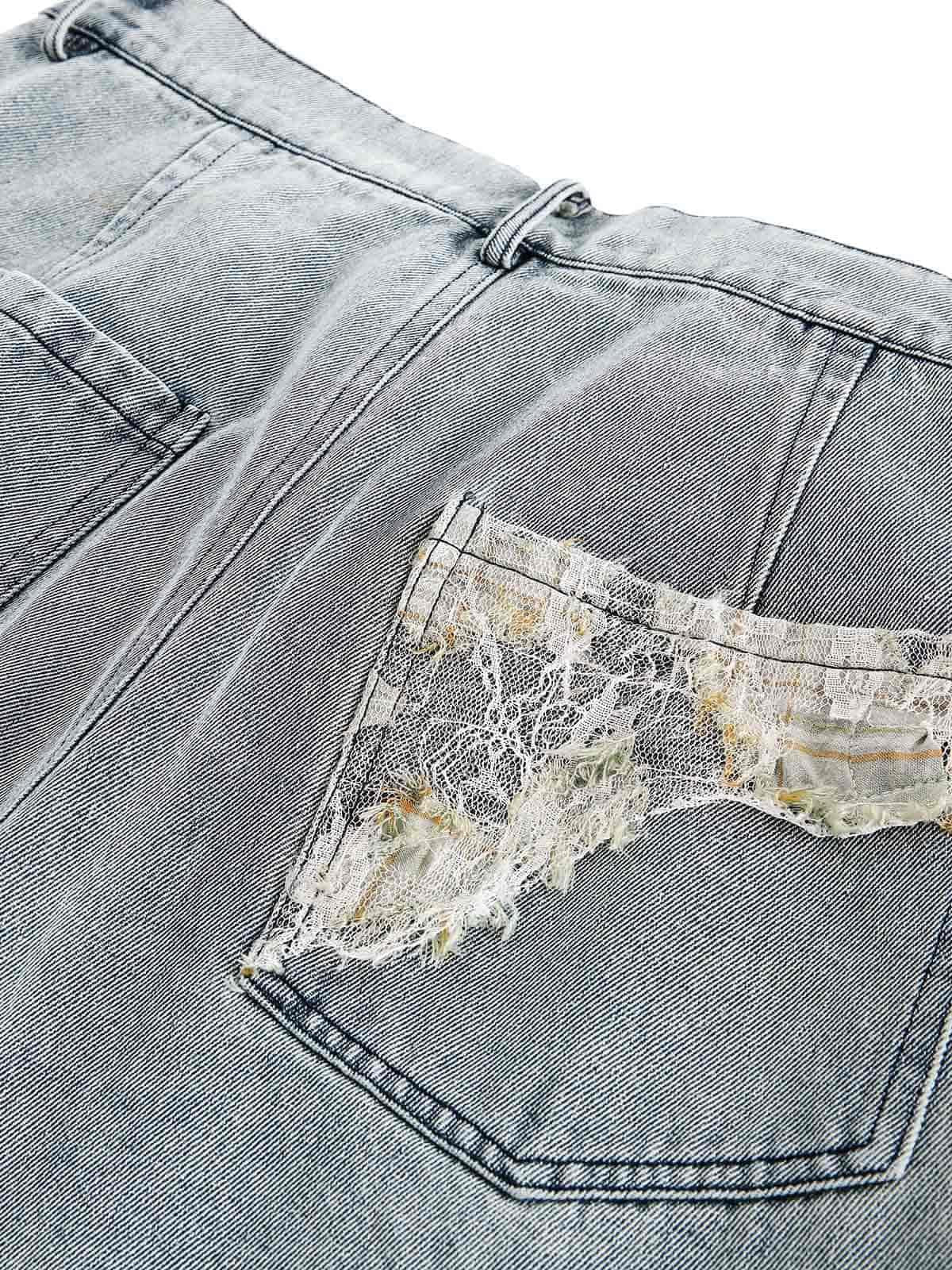 Ripped Lace Panel Denim Pants