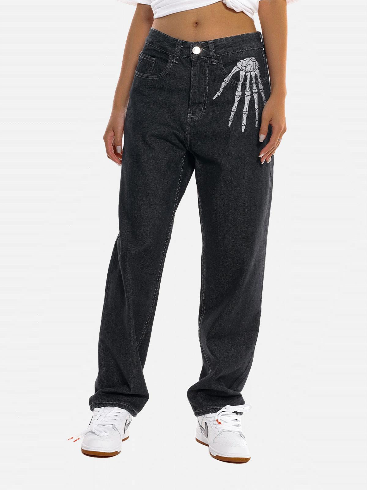 Skull Bone Embroidery Loose Jeans