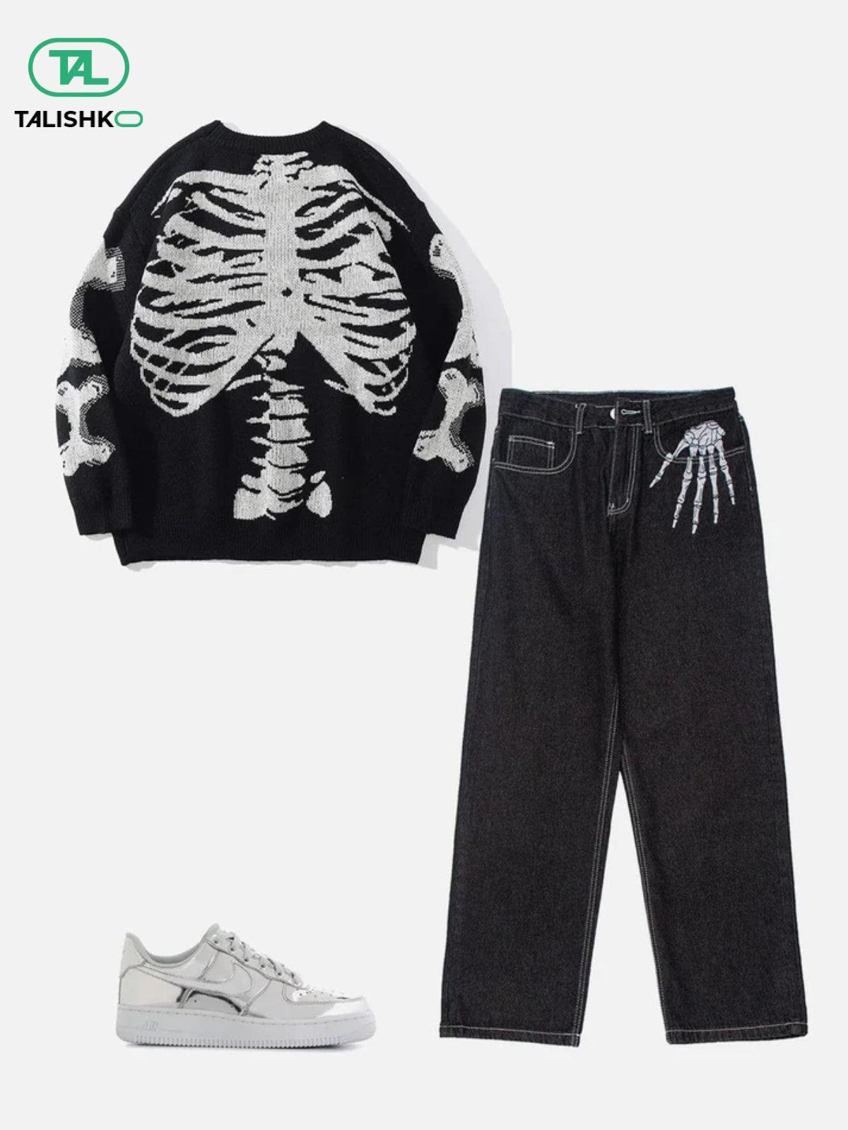 Skull Bone Embroidery Loose Jeans