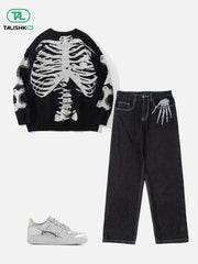 Skull Bone Embroidery Loose Jeans