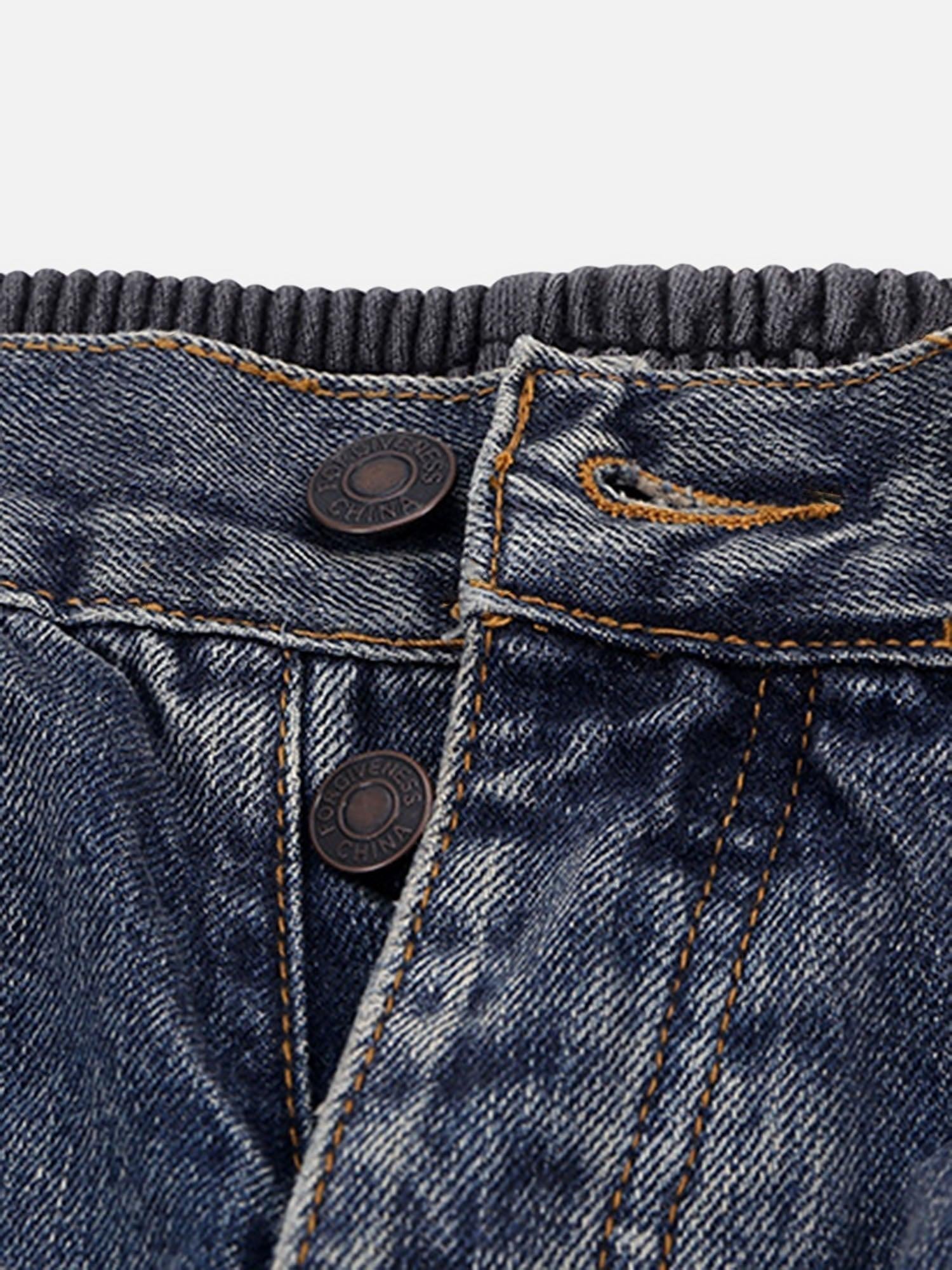 Slub Cotton Patchwork Frayed Jeans