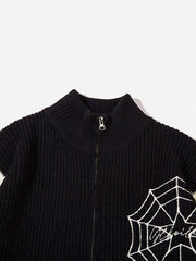 Spider Web Stand Collar Zip-Up Cardigan