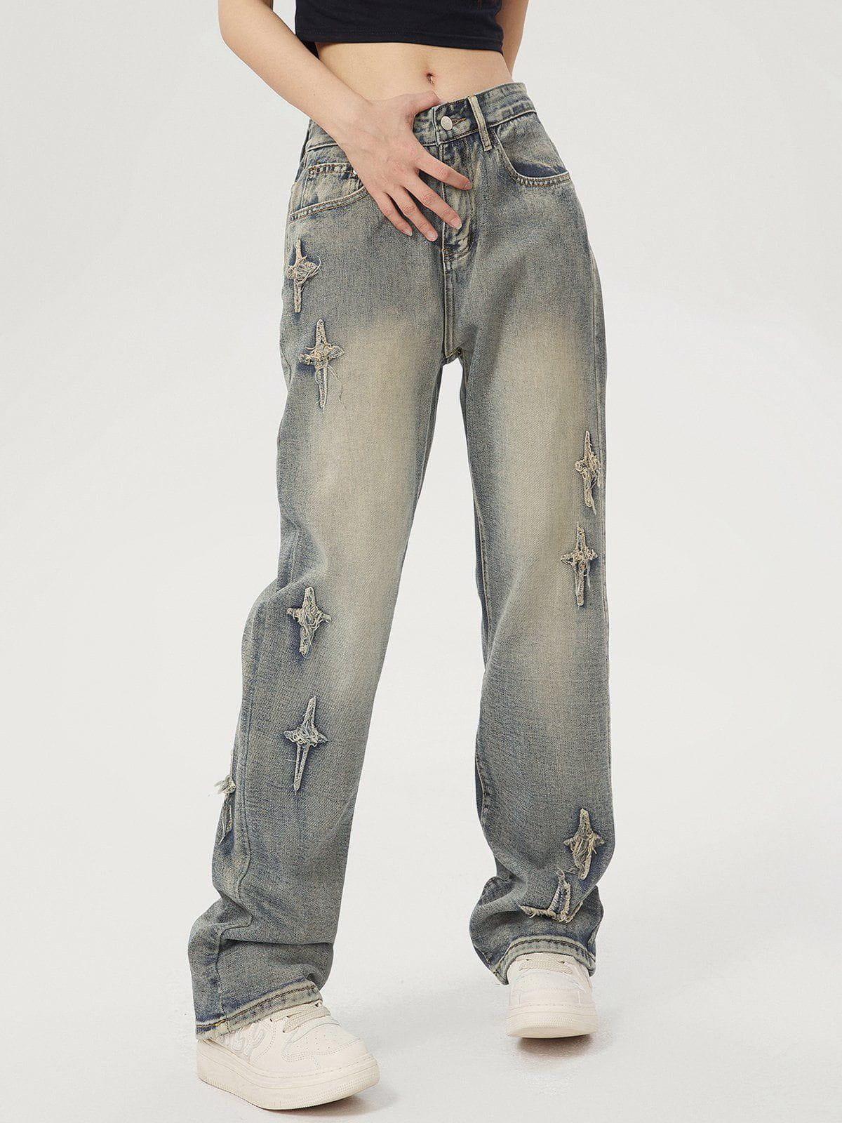 Star Embroidered Washed Jeans