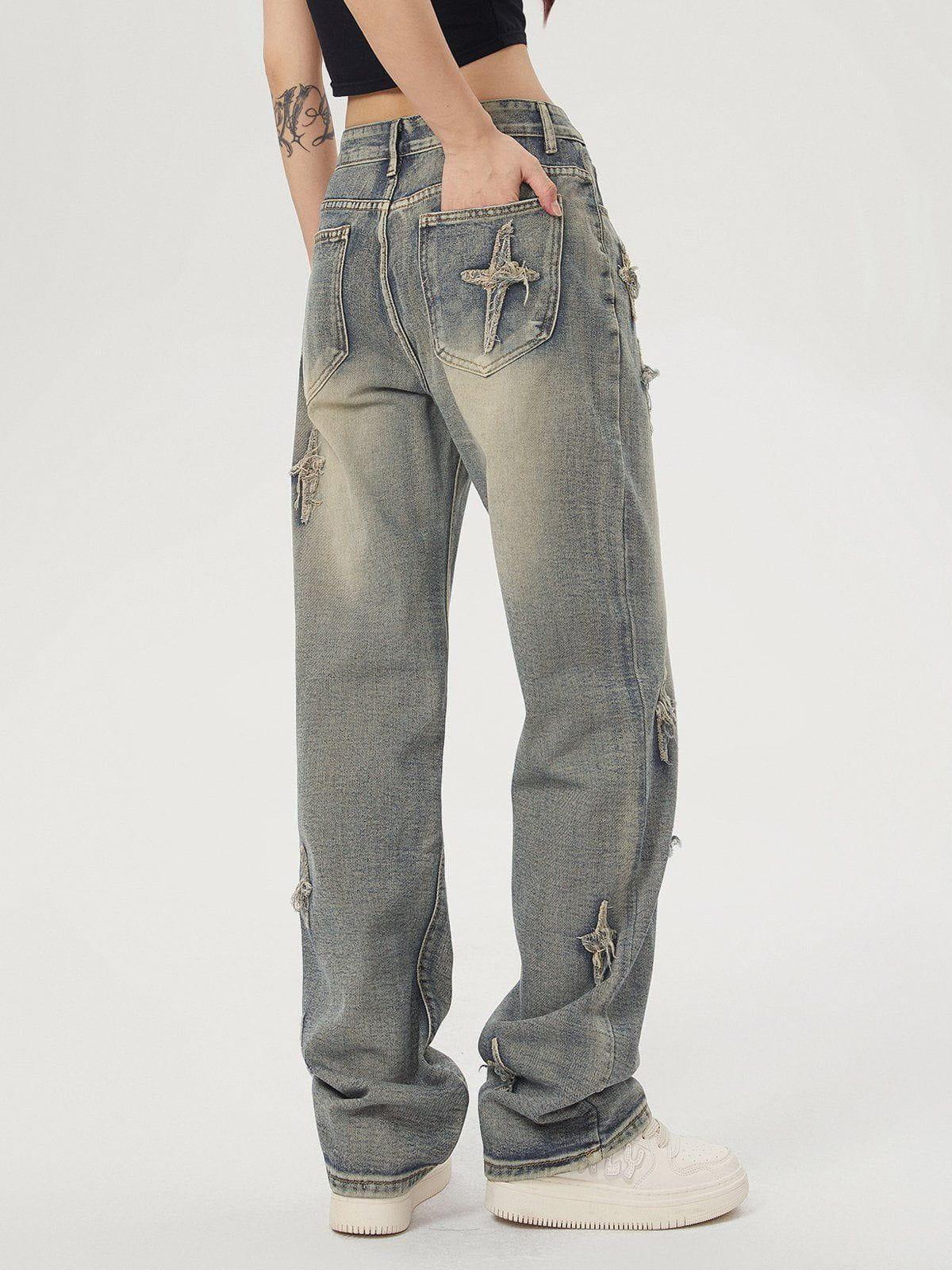 Star Embroidered Washed Jeans