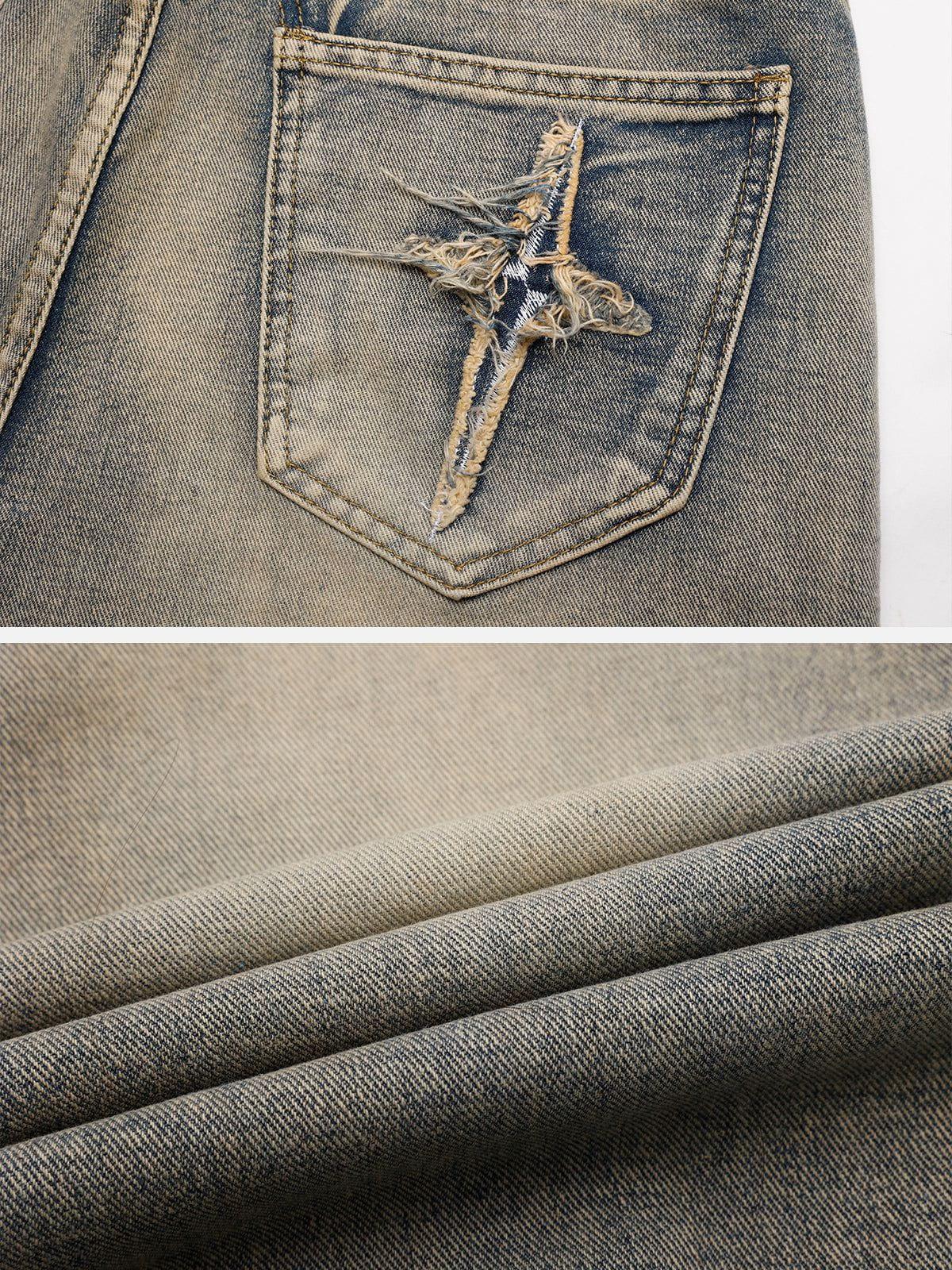 Star Embroidered Washed Jeans