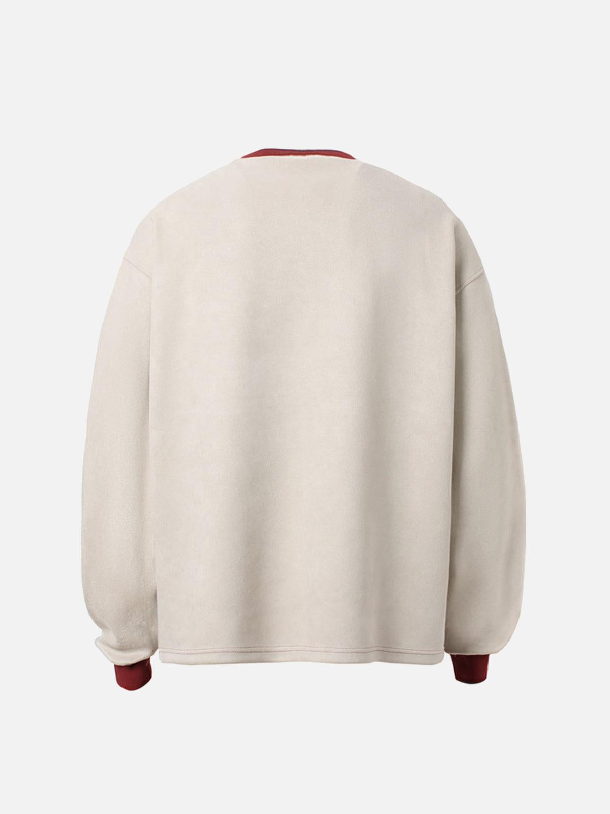 Suede Contrast Stripe Embroidered Long SleeveT-Shirt