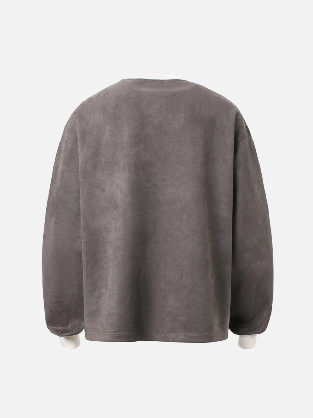 Suede Contrast Stripe Embroidered Long SleeveT-Shirt