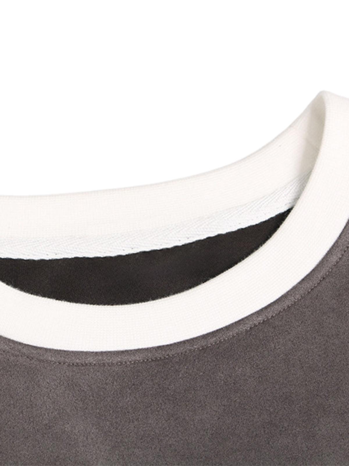 Suede Contrast Stripe Embroidered Long SleeveT-Shirt