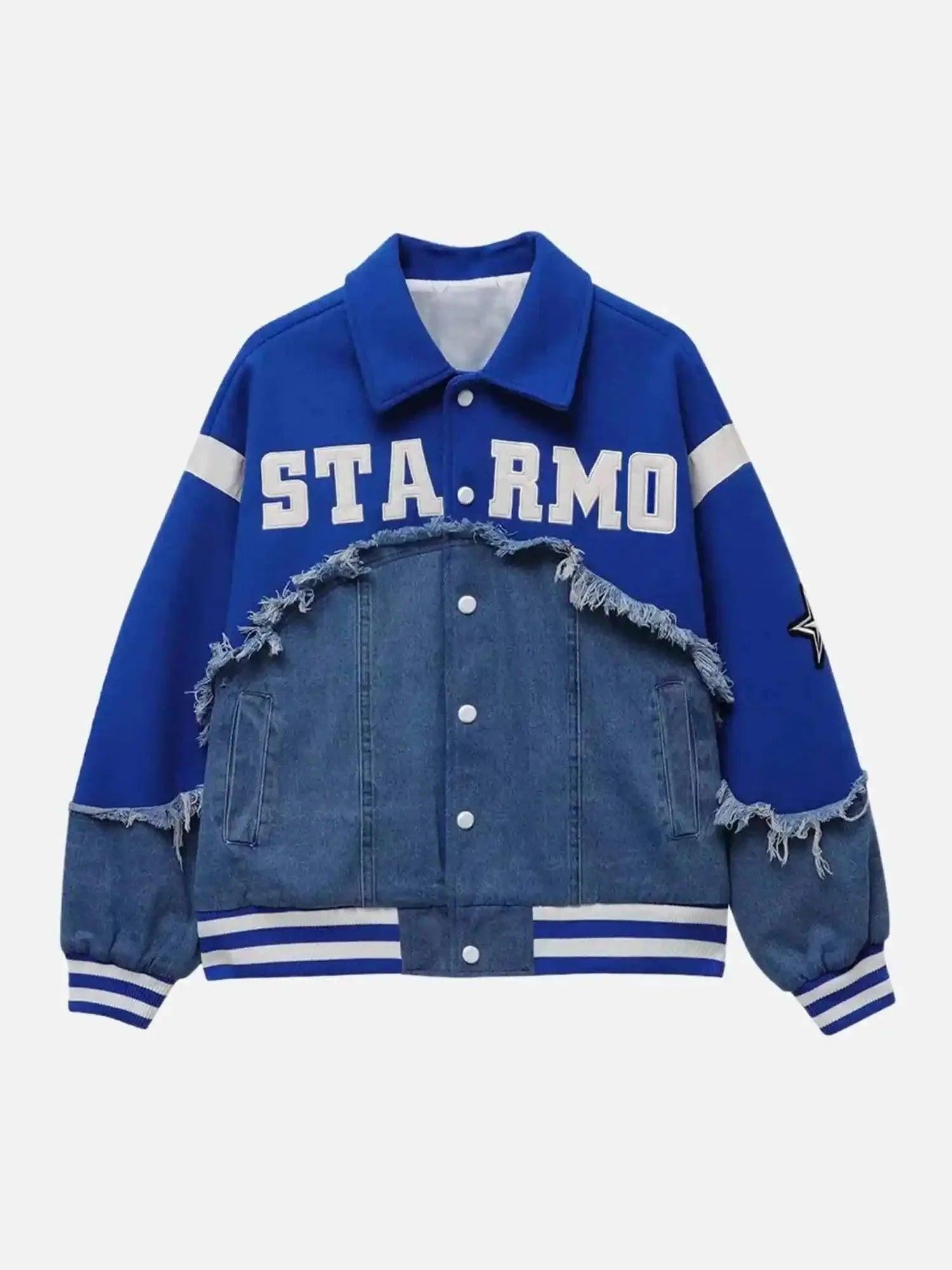 American High Street Denim Fabric Splicing Baseball Jacket