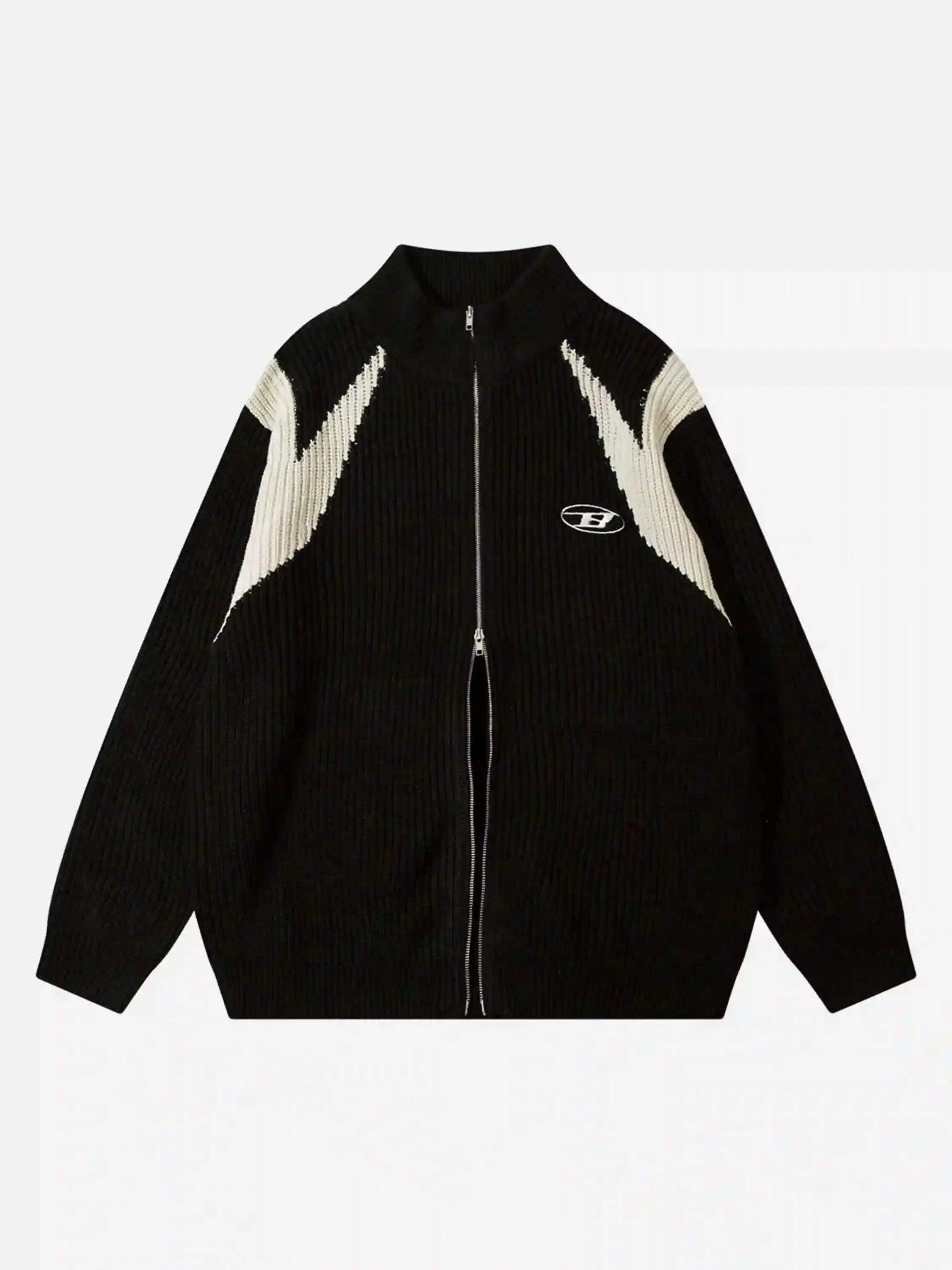 American Style Color Blocking Zipper Cardigan