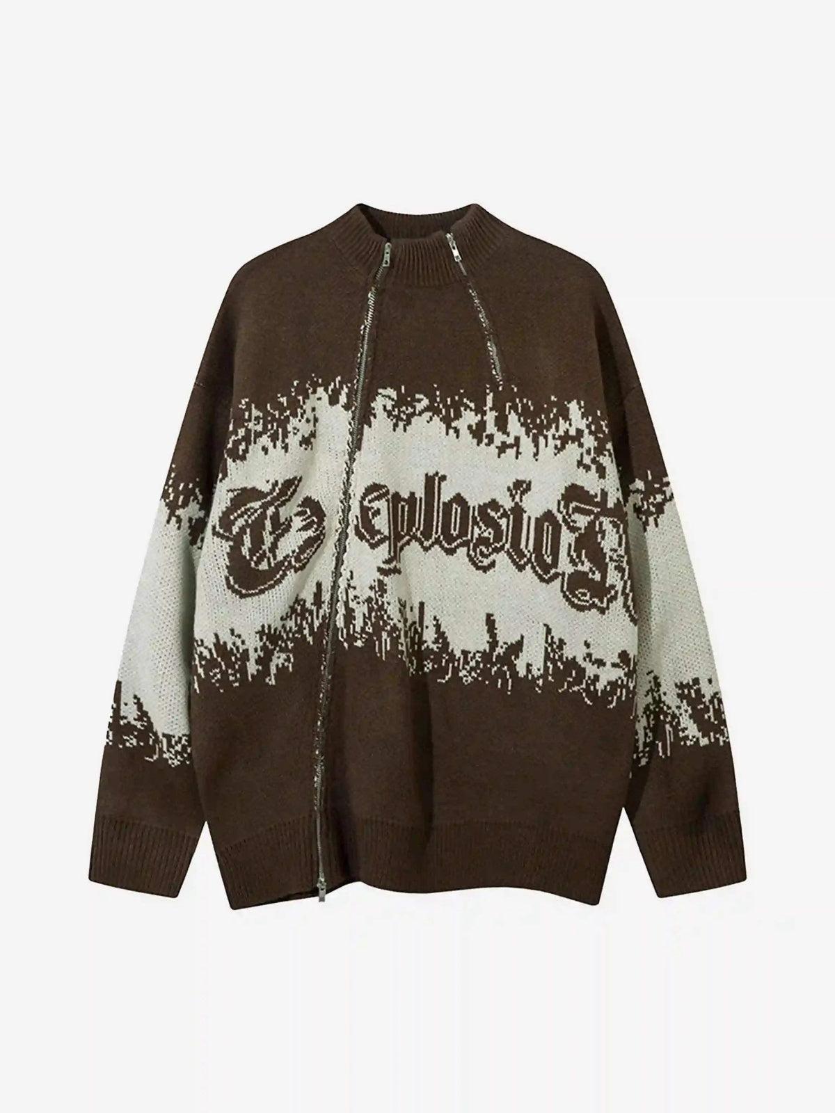 Asymmetric Jacquard Stitching With Two-Way Zipper Sweater