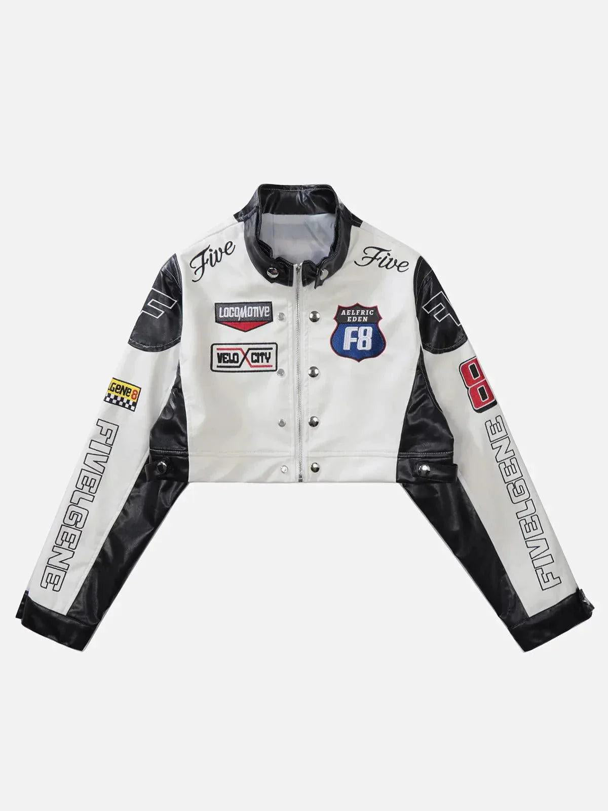 Badge Short PU Leather Racing Jacket