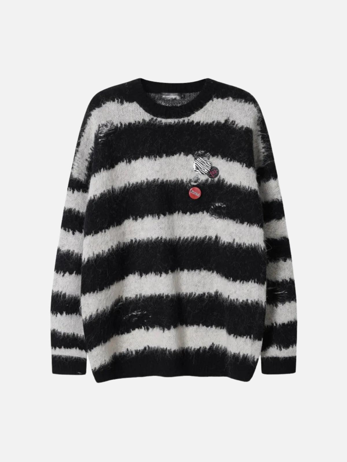 Badge Striped Ripped Sweater