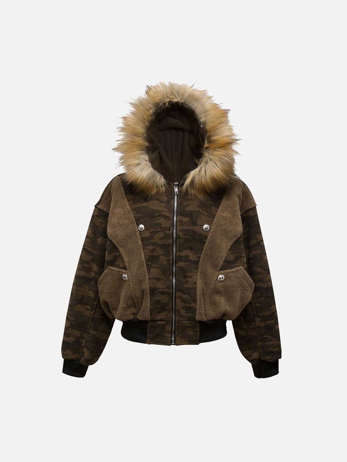 Camouflage Spliced Fur Hooded Fleece Jacket