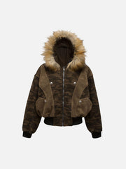 Camouflage Spliced Fur Hooded Fleece Jacket