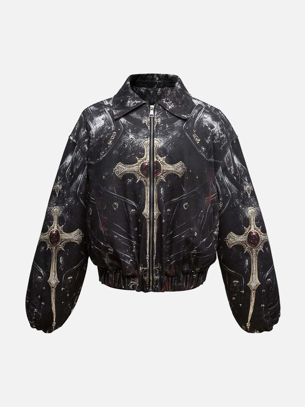 Cross Printed Zip Up Quilted Bomber Jacket