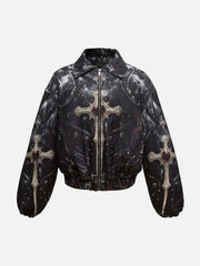 Cross Printed Zip Up Quilted Bomber Jacket
