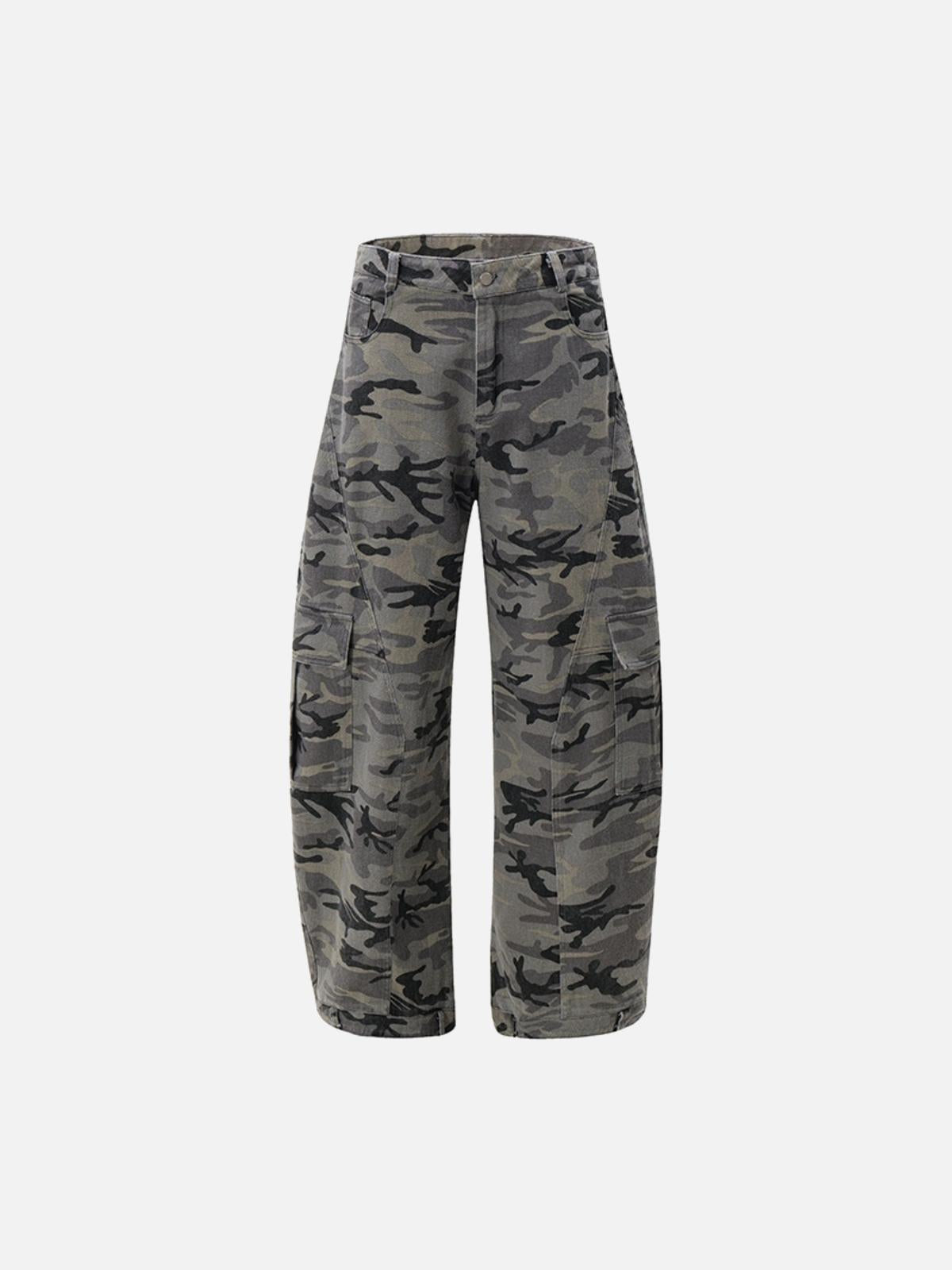 Curved Leg Paneled Camouflage Cargo Pants