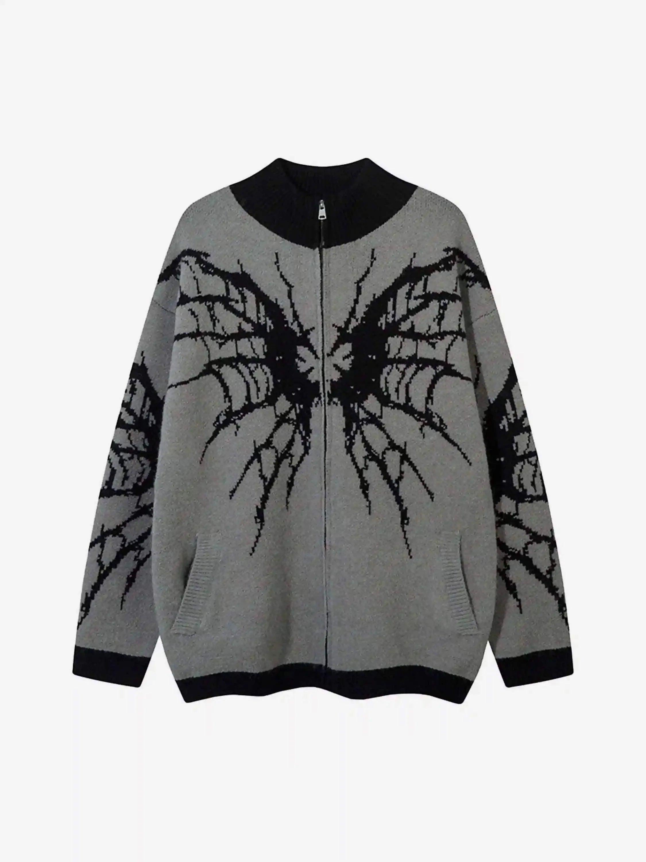 Dark Spider Web Zipper Stand Collar Cardigan