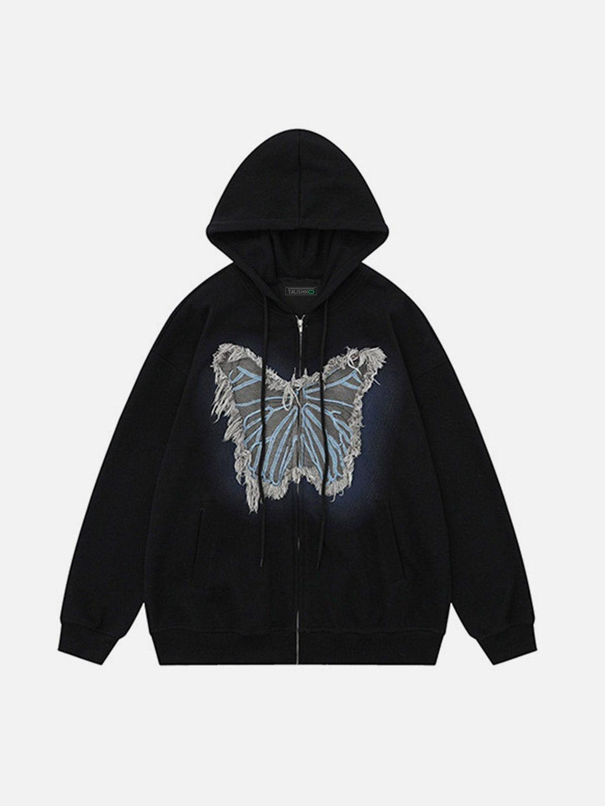 Distressed Butterfly Patch Cardigan Hoodie