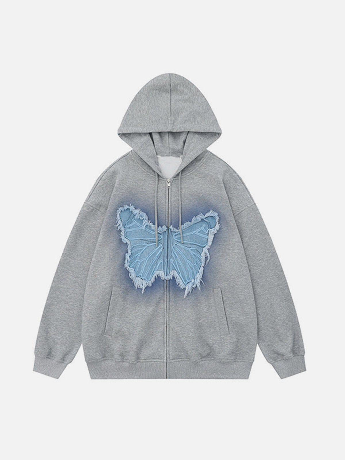 Distressed Butterfly Patch Cardigan Hoodie