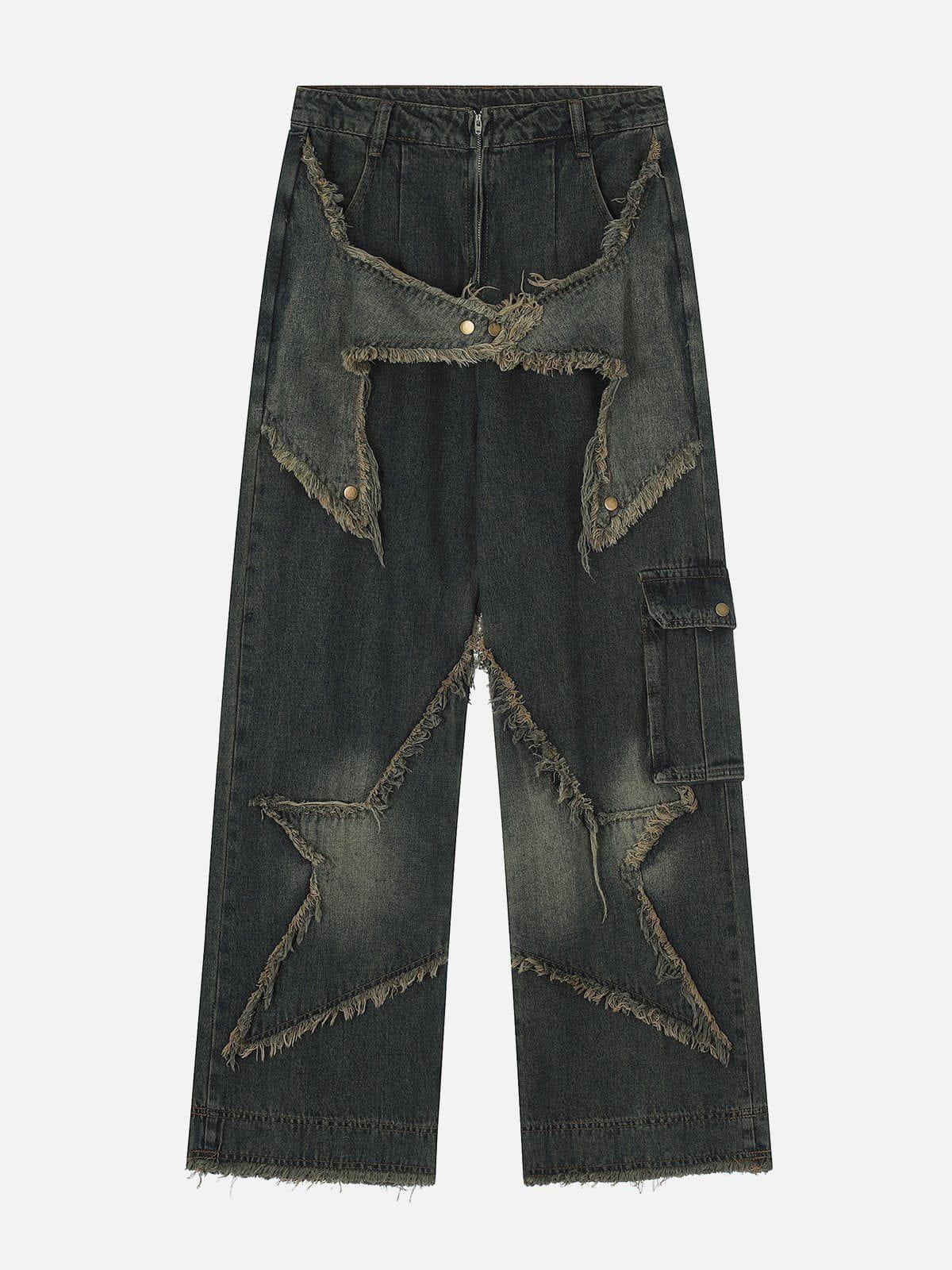 Distressed Effect Patchwork Star Denim Jeans