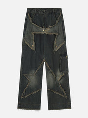 Distressed Effect Patchwork Star Denim Jeans