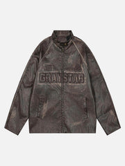 Distressed Letter Embroidery Motorcycle PU Leather Jacket