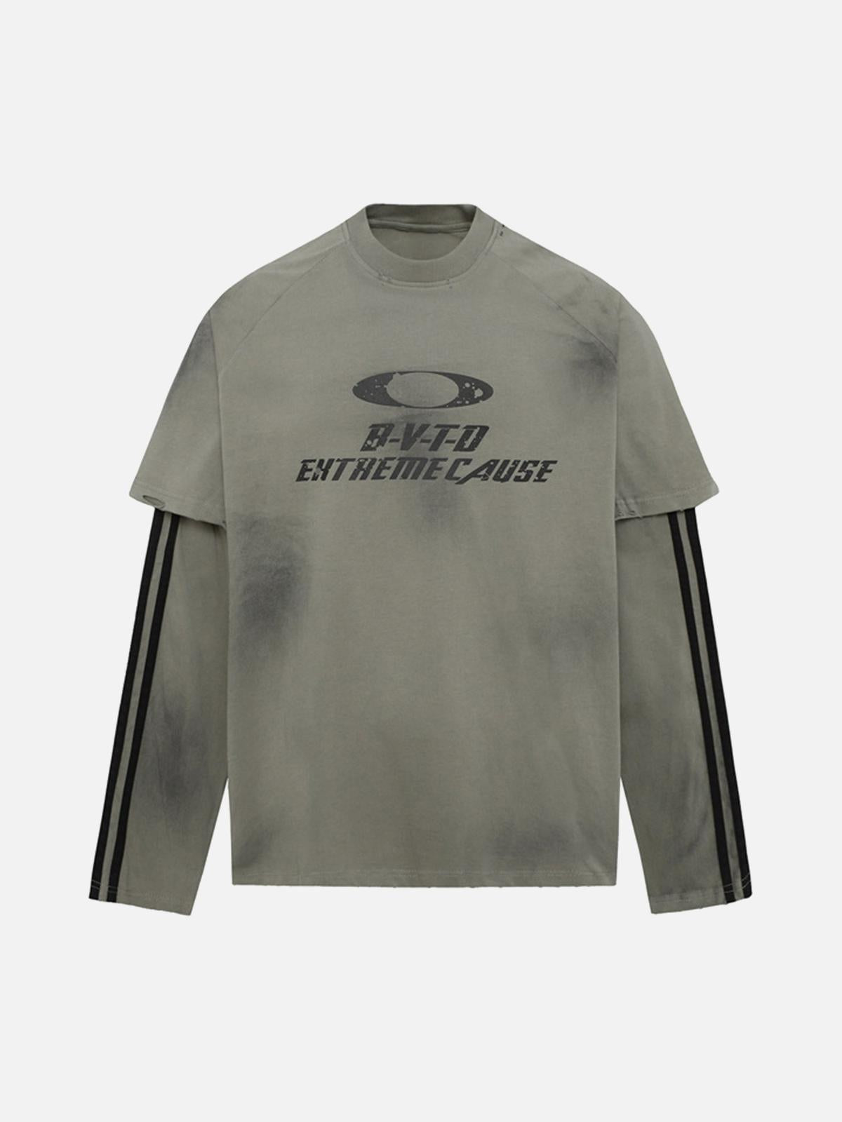 Distressed Printed Faux Two-Piece Long-Sleeved T-Shirt