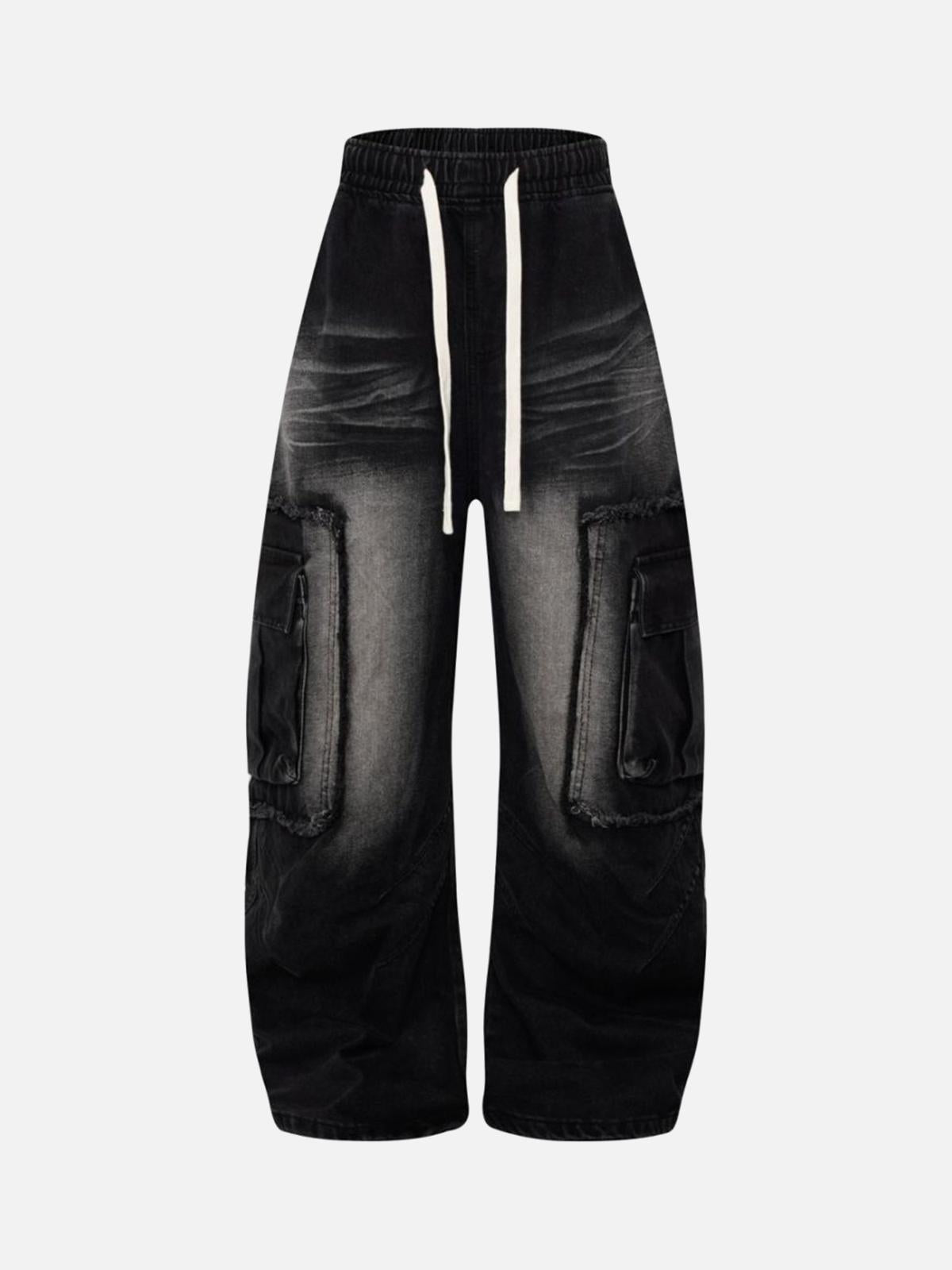 Distressed Raw Edge Cargo Drawstring Barrel Jeans
