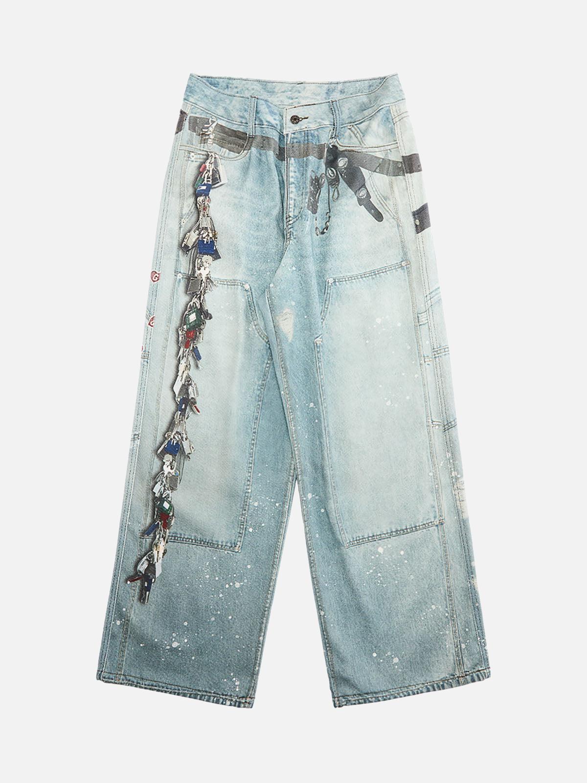 Distressed Washed Ink-Splashed Chain Print Baggy Jeans