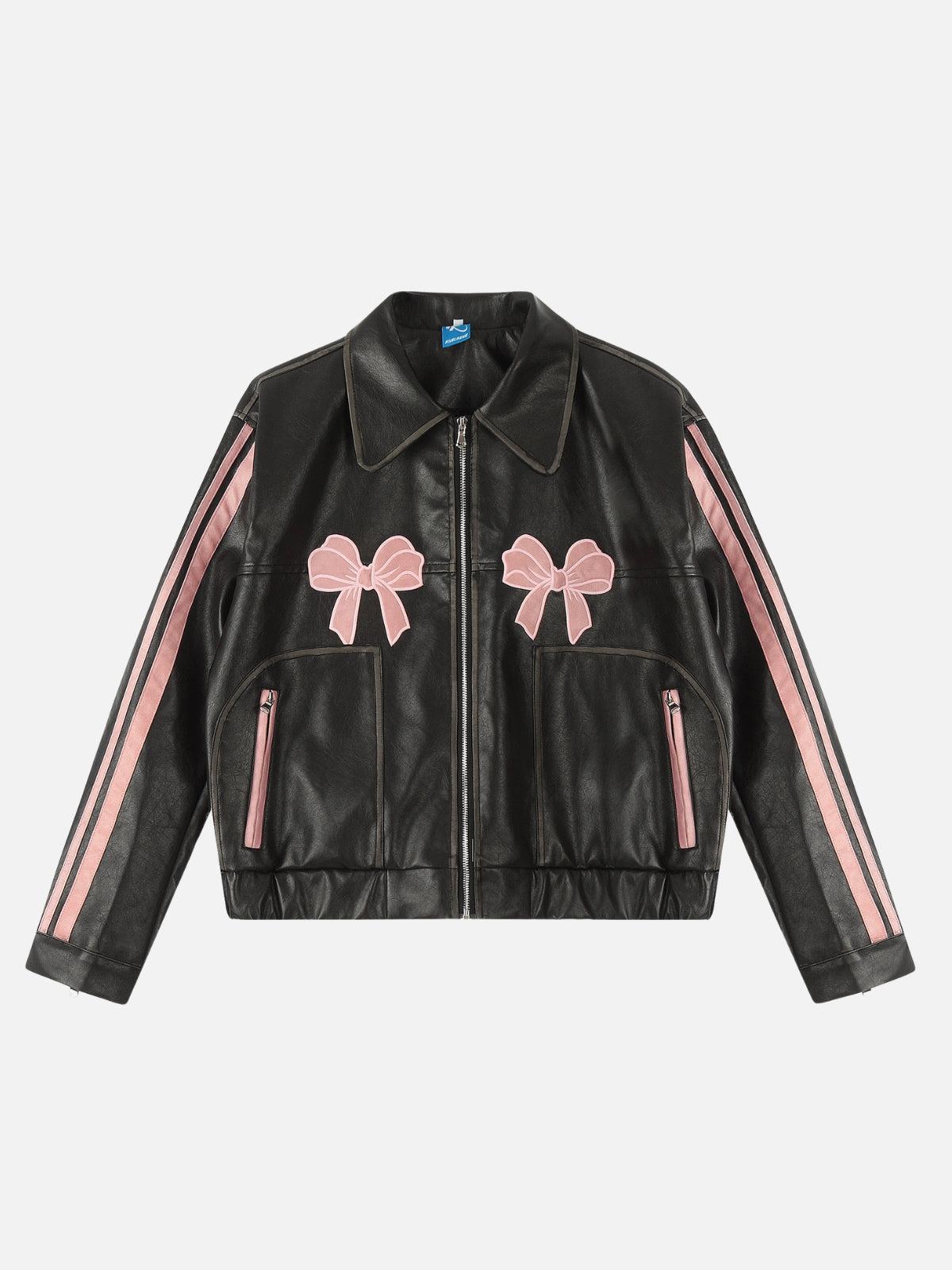 Embroidery Bow Faux Leather Jacket