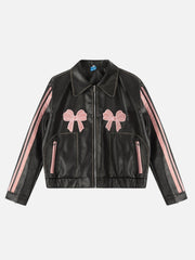 Embroidery Bow Faux Leather Jacket