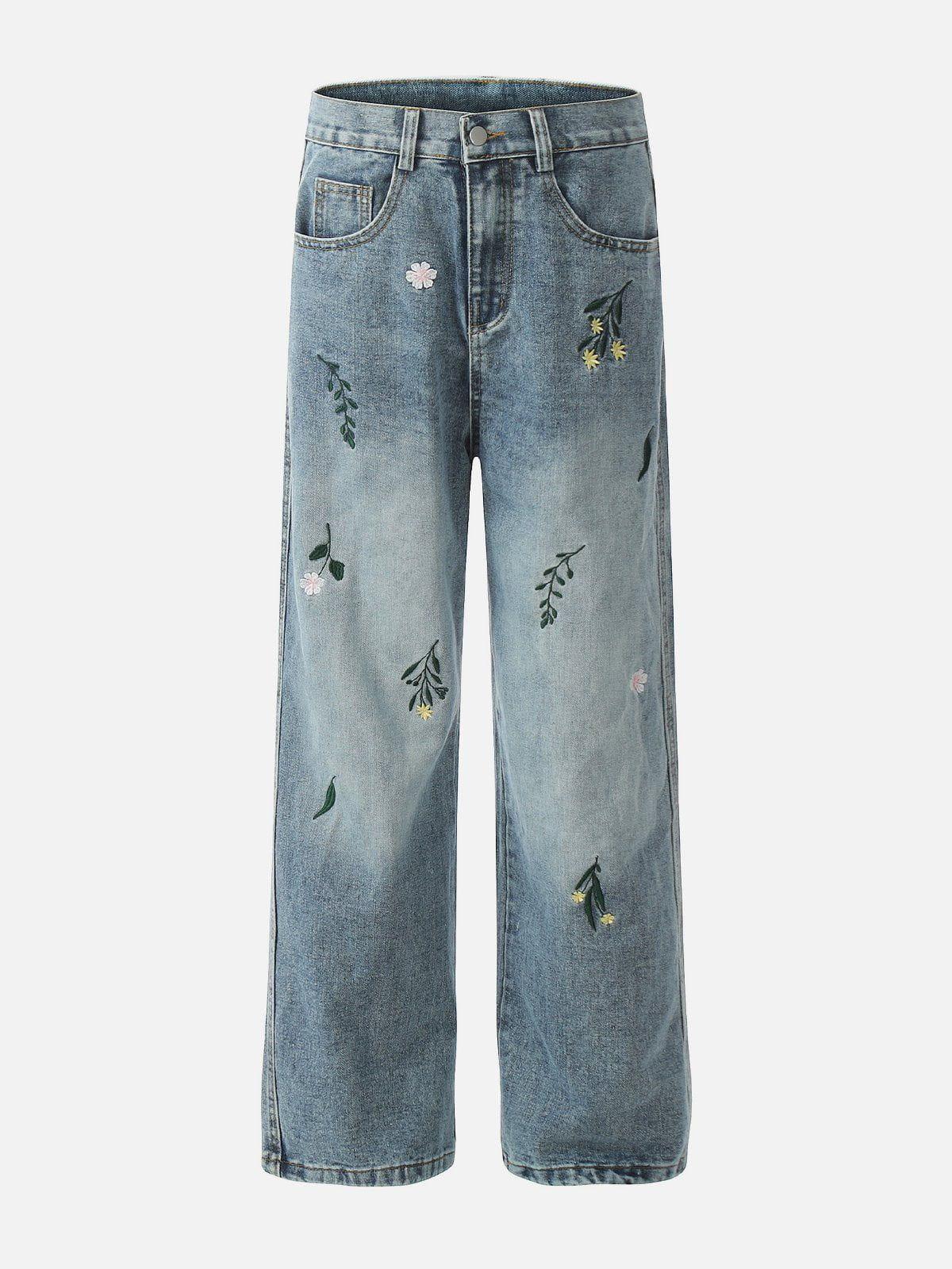 Embroidery Flower Washed Jeans