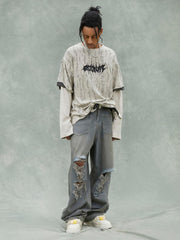 Faux Two-Piece Distressed Woolen T-Shirt