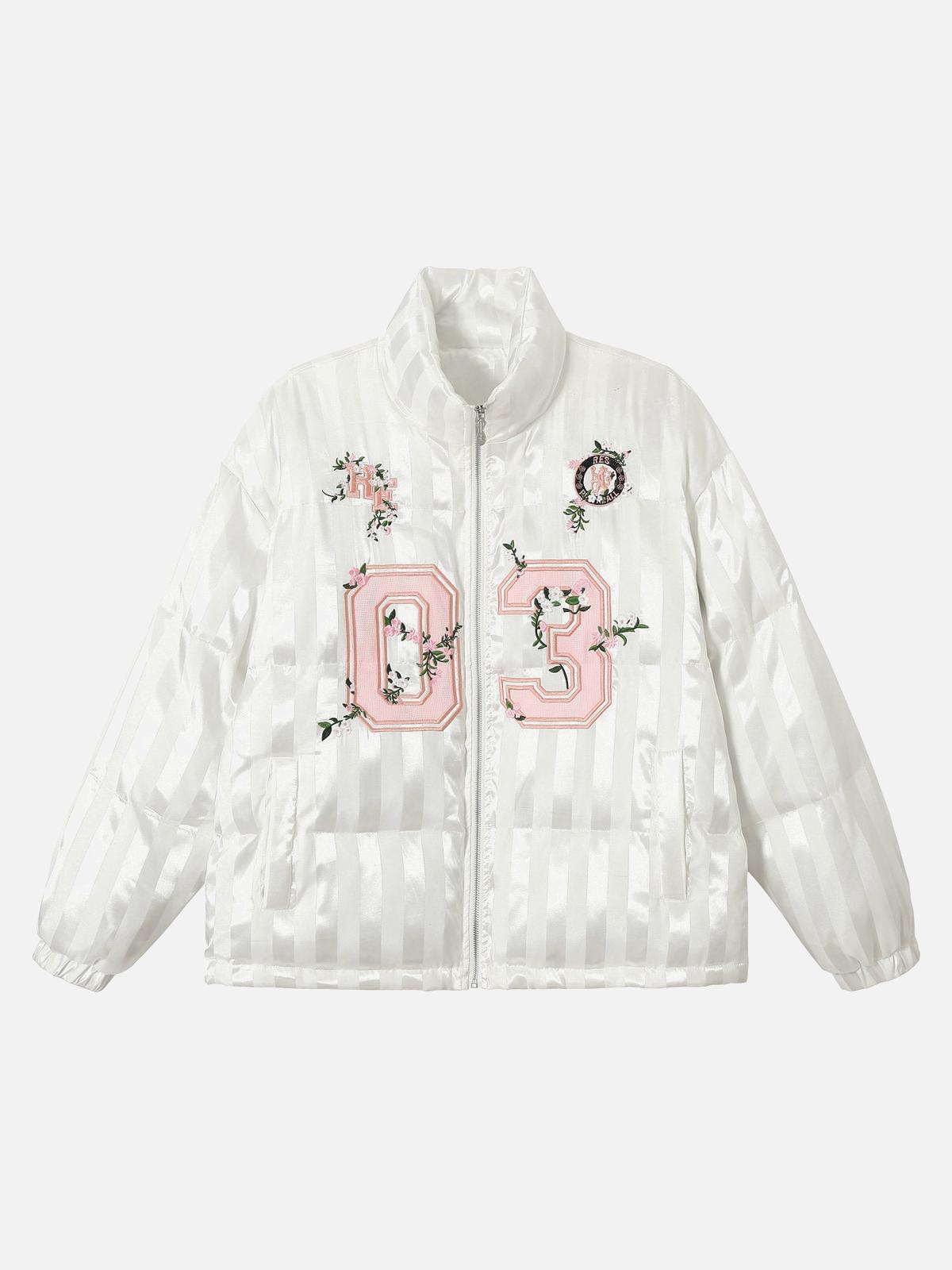 Floral Letter Embroidered Stand Collar Cotton Coat
